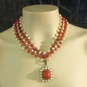 SaFia Signed .925  Red and White Beaded Necklace